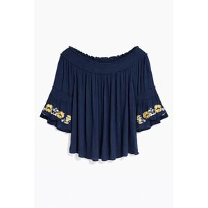 MAX EDITION Navy Off Shoulder Boho Peasant Blouse Embroidered L Coastal Cowgirl
